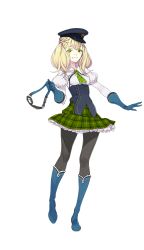 Rule 34 | 1girl, blonde hair, blue footwear, blue gloves, boots, checkered clothes, checkered skirt, fakepucco, formation girls, full body, gloves, goggles, green eyes, green skirt, hat, highres, holding, holding goggles, isabelle lancaster, looking at viewer, military hat, necktie, official art, pantyhose, peaked cap, skirt, solo, transparent background, twintails