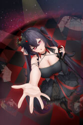 Rule 34 | 1girl, absurdres, ahoge, artist name, asymmetrical sleeves, azur lane, black dress, black footwear, black hair, black pantyhose, breasts, checkered floor, cleavage, commentary request, crossed bangs, dress, frilled dress, frills, from above, full body, hair between eyes, highres, holding, holding microphone stand, huge ahoge, large breasts, long hair, microphone stand, mohairu (hhooaann), outstretched arm, pantyhose, red eyes, shoes, short dress, single sleeve, solo, taihou (azur lane), taihou (muse) (azur lane), twintails, uneven sleeves, very long hair