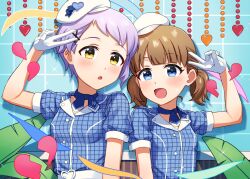 2girls :o absurdres asymmetrical_bangs belt beret blue_background blue_dress blue_eyes blush breasts broken_heart brown_hair buttons checkered_clothes commentary_request dress gloves hair_ornament hairclip hand_up hat heart highres idolmaster idolmaster_million_live! idolmaster_million_live!_theater_days kurageso looking_at_viewer low_twintails makabe_mizuki medium_hair multiple_girls open_mouth plant purple_hair short_hair short_sleeves small_breasts smile suou_momoko twintails upper_body v white_belt white_gloves white_hat yellow_eyes