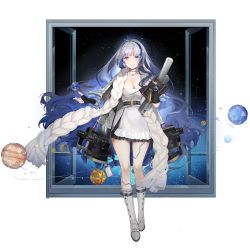 Rule 34 | 1girl, black gloves, blue eyes, blue hair, book, boots, breasts, cleavage, dress, fingerless gloves, full body, game cg, girls&#039; frontline, girls&#039; frontline neural cloud, gloves, highres, holding, holding book, hubble (neural cloud), large breasts, long hair, looking at viewer, multicolored hair, official art, planet, projector, scarf, sky, smile, solo, star (sky), star chart, starry sky, streaked hair, transparent background, very long hair, watch, white dress, white footwear, white scarf, window, wristwatch