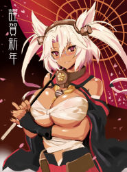 Rule 34 | 10s, 1girl, bare shoulders, blonde hair, blush, breasts, budget sarashi, dark skin, dark-skinned female, fingerless gloves, glasses, gloves, headgear, kantai collection, kyogoku shin, large breasts, looking at viewer, musashi (kancolle), oil-paper umbrella, personification, pointy hair, red eyes, sarashi, solo, twintails, two side up, umbrella