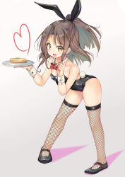 Rule 34 | 1girl, absurdres, alternate costume, animal ears, black footwear, black leotard, black thighhighs, blush, bow, bowtie, brown eyes, brown hair, commentary request, detached collar, fake animal ears, fake tail, fishnet thighhighs, fishnets, flat chest, food, full body, grey background, heart, highres, holding, holding tray, index finger raised, kantai collection, leaning forward, leotard, long hair, looking at viewer, omelet, open mouth, playboy bunny, ponytail, rabbit ears, rabbit tail, red bow, red bowtie, simple background, solo, standing, tail, tamagoyaki, thighhighs, tray, wrist cuffs, yashin (yasinz), zuihou (kancolle)
