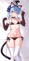 Rule 34 | 1girl, animal ears, bare shoulders, bed sheet, bell, bikini, black bikini, black choker, black gloves, blue eyes, blue hair, blush, bra, breasts, cat ears, cat tail, cat teaser, choker, dakimakura (medium), elbow gloves, fake animal ears, feet out of frame, frilled bra, frills, gloves, gluteal fold, heart, heart-shaped pupils, heavy breathing, heiyan shenshi, highres, hip bones, holding, holding stick, hololive, hoshimachi suisei, looking at viewer, lying, medium breasts, naughty face, navel, neck bell, on back, on bed, open mouth, panties, paw pose, side-tie panties, side ponytail, sidelocks, solo, stick, swimsuit, symbol-shaped pupils, tail, thighhighs, underwear, virtual youtuber, wavy hair, white thighhighs