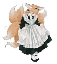 Rule 34 | 1girl, alternate costume, animal ears, apron, arknights, black dress, black footwear, black ribbon, blush, braided hair rings, brown hair, dress, enmaided, fox ears, fox girl, fox tail, frilled apron, frills, full body, green eyes, hair ribbon, highres, juliet sleeves, kitsune, kyuubi, long dress, long sleeves, looking down, maid, maid headdress, multiple tails, open mouth, pantyhose, pleated dress, puffy sleeves, ribbon, shoes, simple background, single hair ring, skirt hold, sleeve cuffs, solo, sutoa, suzuran (arknights), tail, white apron, white background, white pantyhose