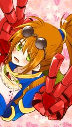 Rule 34 | 1girl, backpack, bag, brown hair, commentary, crepe, double v, eyewear on head, food, gloves, green eyes, highres, long hair, looking at viewer, mechanical arms, open mouth, ponyo soa, ponytail, precis neumann, solo, star ocean, star ocean the second story, v