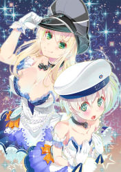 Rule 34 | 2girls, :o, alternate costume, alternate eye color, arm garter, bare shoulders, bismarck (kancolle), blue dress, blush, breasts, character name, choker, cleavage, collarbone, cosplay, cross, crossover, dress, flat chest, frills, gem, gloves, green eyes, hands on own chest, hat, highres, idolmaster, idolmaster cinderella girls, idolmaster cinderella girls starlight stage, imu sanjo, iron cross, kantai collection, large breasts, leaning forward, multicolored clothes, multicolored dress, multiple girls, open mouth, peaked cap, pearl (gemstone), sailor hat, smile, sparkle, star (symbol), white dress, white gloves, z1 leberecht maass (kancolle)