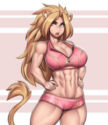 Rule 34 | 1girl, abs, absurdres, animal ears, bad id, bad twitter id, blonde hair, breasts, brown eyes, cleavage, collarbone, commission, hands on own hips, highres, lion ears, lion girl, lion tail, long hair, looking at viewer, messy hair, midriff, muscular, muscular female, navel, open mouth, original, roadi3, short shorts, shorts, simple background, solo, sports bra, tagme, tail, thick thighs, thighs
