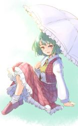 Rule 34 | 1girl, arm support, ascot, collared shirt, frilled skirt, frills, green hair, hair between eyes, holding, kazami yuuka, long skirt, long sleeves, looking at viewer, one-hour drawing challenge, open mouth, parasol, plaid, plaid skirt, plaid vest, rangycrow, red eyes, red skirt, red vest, shirt, short hair, simple background, sitting, skirt, skirt set, solo, touhou, umbrella, vest, wavy hair, white shirt, yellow ascot
