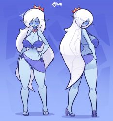 Rule 34 | 1girl, adventure time, ass, bikini, blue background, blue bikini, blue blush, blue footwear, blue skin, blush, breasts, choker, cleavage, collar, colored skin, crown, full body, genderswap, genderswap (mtf), hand on own hip, hands on own hips, high heels, highres, ice queen (adventure time), jewelry, large breasts, long eyebrows, long hair, looking at viewer, mole, mole on breast, movail2, multiple views, narrow waist, navel, necklace, no nose, no socks, open shoes, sarong, side-tie bikini bottom, simple background, strap gap, swimsuit, turnaround, underboob, very long hair, white hair