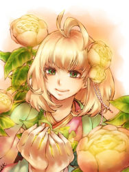 Rule 34 | ahoge, ao no exorcist, bad id, bad pixiv id, blonde hair, flower, green eyes, hair flower, hair ornament, heart, japanese clothes, kimono, leaf, moriyama shiemi, natsukichi, nii (ao no exorcist), own hands together, short hair, smile, solo