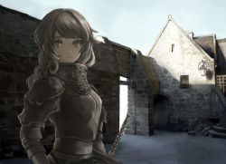 Rule 34 | 1girl, armor, black hair, breastplate, brown eyes, closed mouth, eyelashes, fantasy, female focus, female knight, highres, house, ito (silva), knight, long hair, original, outdoors, plate armor, sheath, sheathed, shoulder armor, solo, sword, wall, weapon