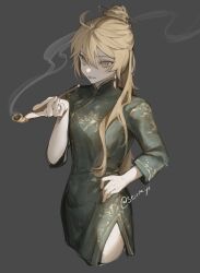 Rule 34 | 1girl, absurdres, aether (genshin impact), blonde hair, china dress, chinese clothes, dress, earrings, genderswap, genderswap (mtf), genshin impact, gold trim, green dress, grey background, hair bun, hair ornament, hair stick, hand on own hip, hand up, highres, holding, holding smoking pipe, jewelry, long hair, mandarin collar, opium pipe, parted lips, sevkyi, side slit, simple background, sleeves past elbows, smoke trail, smoking pipe, solo, standing, teeth, yellow eyes