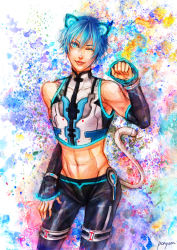 Rule 34 | 1boy, abs, animal ears, blue eyes, blue hair, cat ears, cat tail, kaito (vocaloid), male focus, matching hair/eyes, navel, pony (artist), project diva (series), project diva 2nd, solo, tail, vocaloid