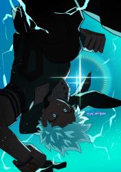 Rule 34 | 1boy, absurdres, aqua background, bodysuit, boku no hero academia, clenched hand, closed mouth, electricity, freckles, full cowling (boku no hero academia), gloves, green bodysuit, green eyes, green hair, highres, hood, hood down, hooded bodysuit, lens flare, looking at viewer, male focus, midoriya izuku, misa (jjin miryeon), outdoors, short hair, signature, solo, twitter username, upside-down, white gloves
