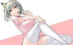 Rule 34 | 1girl, animal ear fluff, animal ears, aoi lavender, arknights, black collar, breasts, cat ears, collar, commentary request, dress, green eyes, green hair, highres, kal&#039;tsit (arknights), knee up, looking at viewer, nurse, panties, pen to mouth, pink background, pink dress, pink footwear, shoes, short hair, simple background, sitting, solo, thighhighs, two-tone background, underwear, white background, white panties, white thighhighs