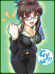 Rule 34 | 10s, 1girl, akizuki ritsuko, antenna hair, breasts, brown hair, cleavage, clenched hand, clipboard, folded ponytail, gauu!?, glasses, highres, idolmaster, idolmaster (classic), idolmaster 2, open mouth, purple eyes, solo, thigh gap, thighs