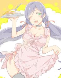 Rule 34 | 1girl, ;d, apron, apron hold, black choker, black thighhighs, blush, bow, breasts, choker, cleavage, collarbone, curry, curry rice, duke (inu daimyou), food, green eyes, hair ribbon, holding, holding tray, long hair, love live!, love live! school idol festival, love live! school idol project, medium breasts, one eye closed, open mouth, panties, pink apron, red ribbon, ribbon, rice, see-through, smile, solo, spoon, thighhighs, tojo nozomi, tray, twintails, underwear