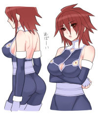 Rule 34 | 00s, 1girl, ass, bare back, bare shoulders, bodysuit, breasts, character sheet, cleavage, crossed arms, female focus, fingerless gloves, folks (nabokof), gender request, genderswap, gloves, kratos aurion, large breasts, red eyes, red hair, short hair, simple background, skin tight, solo, tales of (series), tales of symphonia, white background