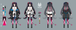 Rule 34 | 1girl, absurdres, bad id, bad pixiv id, blunt bangs, boots, bracelet, character name, character sheet, closed mouth, concept art, facial mark, full body, highres, horns, jewelry, long hair, multicolored eyes, multicolored hair, reirei studio, ring, scrunchie, shirt, sleeveless, sleeveless shirt, streaked hair, suzuhana rin, symbol, tail, thighhighs, two side up, virtual youtuber, yuuta (yuuta0312)