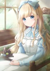 Rule 34 | 1girl, alice (alice in wonderland), alice in wonderland, animal, animal on lap, black cat, blonde hair, blue eyes, blue ribbon, blue shirt, blurry, blurry background, cat, cat on lap, chair, commentary, day, dress, hair ribbon, hand on lap, highres, hoshiibara mato, indoors, lace-trimmed collar, lace trim, light particles, light rays, long hair, long sleeves, looking at viewer, on lap, original, pinafore dress, ribbon, shirt, sitting, sleeveless dress, smile, solo, sunbeam, sunlight, tree, very long hair, white dress, window