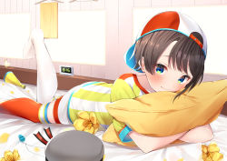Rule 34 | 1girl, absurdres, black hat, blouse, blue eyes, blush, brown hair, clock, commentary request, hair ornament, hat, highres, hololive, hugging object, looking at viewer, lying, multicolored clothes, multicolored hat, multicolored shirt, nari (narikashi), on stomach, oozora subaru, oozora subaru (1st costume), pillow, pillow hug, red hat, red shirt, red socks, ribbon, shirt, short hair, short shorts, short sleeves, shorts, smile, socks, solo, sportswear, striped clothes, striped shirt, vertical-striped clothes, vertical-striped shirt, virtual youtuber, white shirt, white shorts, white socks, yellow shirt