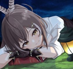 Rule 34 | 1girl, ahoge, belt, book, brown corset, brown eyes, brown hair, cleavage cutout, clothing cutout, corset, feather hair ornament, feathers, gloves, hair ornament, hairclip, head rest, highres, hitart1025, hololive, hololive english, lantern, long hair, looking at viewer, multicolored hair, nanashi mumei, night, partially fingerless gloves, ponytail, runes, shirt, smile, streaked hair, very long hair, virtual youtuber, white shirt