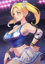 Rule 34 | 1girl, blonde hair, blue eyes, breasts, cheerleader, cleavage, elbow pads, hair intakes, hair ornament, hand on own hip, highres, kupala, large breasts, midriff, miniskirt, pleated skirt, pom pom (clothes), pom pom hair ornament, rebecca welsh, rumble roses, skirt, standing, tongue, tongue out, twintails, wrestling, wrestling ring, wristband