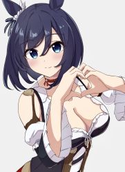 Rule 34 | 1girl, absurdres, animal ears, black hair, blue eyes, blush, breasts, choker, cleavage, corset, detached wings, eishin flash (umamusume), grey background, hands up, heart, heart hands, highres, horse ears, looking at viewer, short hair, simple background, smile, solo, tomatology3, umamusume, upper body, wings