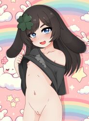 Rule 34 | 1girl, animal ears, bottomless, breasts, carrot print, cleft of venus, clothes lift, clover hair ornament, commentary, cowboy shot, eyebrows hidden by hair, eyes visible through hair, fang, food print, four-leaf clover hair ornament, hair ornament, indie virtual youtuber, kaze (2kaze5), kiyomi pyon-pyon, lifting own clothes, lifting own clothes, lop rabbit ears, nipples, open mouth, presenting, pussy, rabbit ears, rabbit girl, shirt lift, small breasts, smile, solo, uncensored, virtual youtuber