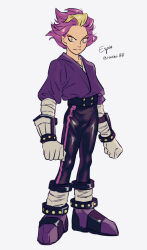 1boy black_pants blonde_hair character_name clenched_hands closed_mouth commentary_request espio_the_chameleon full_body gloves hashi84e humanization long_sleeves looking_at_viewer male_focus multicolored_hair pants purple_footwear purple_hair purple_shirt shirt shoes short_hair simple_background solo sonic_(series) standing streaked_hair two-tone_hair white_background white_gloves yellow_eyes