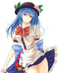 Rule 34 | 1girl, bad id, bad pixiv id, blue hair, clothes lift, food, fruit, hat, highres, hinanawi tenshi, leaf, long hair, peach, red eyes, simple background, skirt, skirt lift, smile, solo, touhou, white background, x&amp;x&amp;x