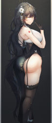 Rule 34 | 1girl, absurdres, alternate costume, animal ears, ass, azuma (azur lane), azuma (soft voice of spring) (azur lane), azur lane, backless dress, backless outfit, bare shoulders, black dress, black gloves, black hair, black thighhighs, blush, breasts, character name, china dress, chinese clothes, commentary request, dress, finger to mouth, flower, from behind, garter straps, gloves, hair between eyes, hair flower, hair ornament, highres, large breasts, long hair, looking at viewer, looking back, pelvic curtain, saliva, saliva trail, side slit, sleeveless, sleeveless dress, solo, thighhighs, thighs, very long hair, white flower, yellow eyes, yusha m