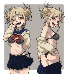 Rule 34 | 1girl, ass, blonde hair, blunt bangs, blush, boku no hero academia, breasts, centinel303, double bun, hair bun, hand on own hip, looking at viewer, looking back, messy hair, open mouth, school uniform, serafuku, short hair, simple background, skirt, stomach, toga himiko, tongue, tongue out, underwear, yellow eyes