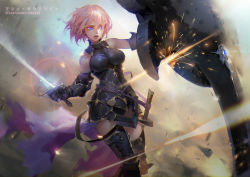Rule 34 | 1girl, armor, armored boots, bare shoulders, belt, blue eyes, boots, breasts, couter, dutch angle, elbow gloves, explosion, fate/grand order, fate (series), gloves, gorget, highres, looking to the side, mash kyrielight, pink hair, plackart, qmo (chalsoma), sheath, shield, short hair, solo, standing, sword, thighhighs, vambraces, weapon, zettai ryouiki