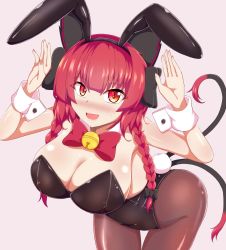 Rule 34 | 1girl, :d, alternate costume, animal ears, bell, bent over, black bow, blush, bow, braid, breasts, cat ears, cat tail, cleavage, cowboy shot, detached collar, hair bow, highres, kaenbyou rin, large breasts, leotard, looking at viewer, medium hair, multiple tails, neck bell, nekomata, open mouth, pantyhose, pink background, playboy bunny, rabbit ears, rabbit pose, rabbit tail, red eyes, red hair, seo haruto, side braids, simple background, slit pupils, smile, solo, standing, sweatdrop, tail, touhou, twin braids, two tails, wrist cuffs