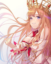 Rule 34 | 1girl, absurdres, arl, bare shoulders, blonde hair, blush, breasts, cleavage, commentary request, crown, dress, europa (fate), fate (series), highres, huge filesize, large breasts, long hair, long sleeves, looking at viewer, purple eyes, simple background, smile, solo, very long hair, white background, white dress