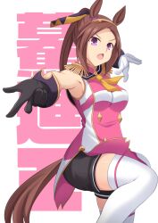 Rule 34 | 1girl, :o, animal ears, asymmetrical gloves, black gloves, black shorts, breasts, brown hair, buttons, character name, cross (crossryou), double-breasted, ear ornament, epaulettes, flower in eye, gloves, gold hairband, hairband, highres, horse ears, horse girl, horse tail, long hair, looking at viewer, medium breasts, mismatched gloves, neckerchief, ponytail, purple eyes, sakura bakushin o (umamusume), shorts, simple background, solo, symbol in eye, tail, thighhighs, umamusume, white background, white gloves, white thighhighs, yellow neckerchief