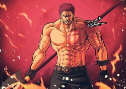 Rule 34 | 1boy, abs, absurdres, arm tattoo, belt, black pants, charlotte katakuri, chest tattoo, clenched hand, commentary, cowboy shot, english commentary, fangs, gloves, highres, holding, holding weapon, looking at viewer, male focus, muscular, muscular male, one piece, pants, pink hair, solo, stitched face, stitches, tattoo, topless male, trope art, twitter username, v-shaped eyebrows, weapon