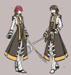 Rule 34 | 2boys, arch bishop (ragnarok online), black footwear, black gloves, blue eyes, brown background, brown coat, brown hair, brown horns, closed mouth, coat, commentary request, cropped jacket, cross, cross necklace, expressionless, eyes visible through hair, fake horns, fingerless gloves, full body, gloves, hair between eyes, height, holding, holding staff, horns, jacket, jewelry, kusabi (aighe), long bangs, long sleeves, looking at viewer, male focus, multiple boys, necklace, pants, ragnarok online, red hair, shoes, short hair, simple background, smile, staff, standing, two-tone footwear, white footwear, white jacket, white pants