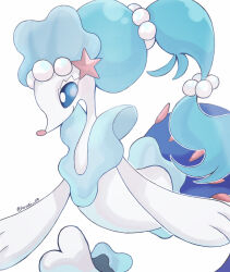 Rule 34 | animal focus, artist name, blue eyes, colored eyelashes, colored skin, commentary request, creatures (company), game freak, gen 7 pokemon, highres, iwasi 29, nintendo, no humans, pokemon, pokemon (creature), ponytail, primarina, sea lion, simple background, twitter username, white background, white skin
