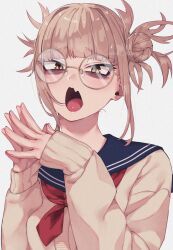 Rule 34 | 1girl, bags under eyes, blonde hair, blue sailor collar, blunt bangs, boku no hero academia, cardigan, chibi 228, double bun, fang, glasses, hair bun, highres, looking at viewer, messy hair, neckerchief, open mouth, red neckerchief, round eyewear, sailor collar, simple background, skin fang, slit pupils, solo, toga himiko, white background, yellow cardigan, yellow eyes