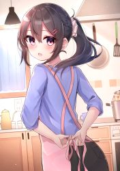 Rule 34 | 1girl, :o, absurdres, apron, black hair, black pants, blush, braid, commentary, from behind, frying pan, hair between eyes, hair ornament, hair scrunchie, hairclip, heart, heart-shaped pupils, highres, himemiya shuang, long hair, long sleeves, looking at viewer, looking back, open mouth, original, pants, pink apron, pink scrunchie, ponytail, purple shirt, red eyes, scrunchie, shirt, solo, spatula, symbol-shaped pupils