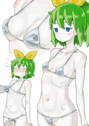 Rule 34 | 1girl, bikini, bikini top lift, blue eyes, blush, bow, breasts, closed eyes, closed mouth, clothes lift, collarbone, colored skin, commentary request, cookie (touhou), cowboy shot, daiyousei, diyusi (cookie), flying sweatdrops, green hair, grey bikini, hair bow, highres, man (man-room), micro bikini, motor vehicles only sign, multiple views, navel, road sign, short hair, sign, simple background, small breasts, swimsuit, touhou, white background, white skin, yellow bow