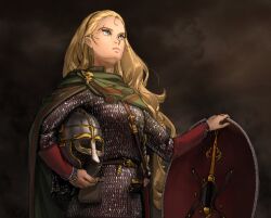 Rule 34 | 1girl, absurdres, ahoge, armor, bangs pinned back, belt, blonde hair, blue eyes, breasts, cape, chainmail, closed mouth, cowboy shot, eowyn, from side, gauntlets, green cape, hairband, helmet, highres, holding, holding helmet, light frown, lips, long hair, looking afar, medium breasts, scabbard, serious, sheath, shield, solo, storm, sword, the lord of the rings, tolkien&#039;s legendarium, tolkien's legendarium, very long hair, wass nonnam, weapon
