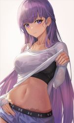 Rule 34 | 1girl, absurdres, bad id, bad pixiv id, black shirt, breasts, camisole, clothes lift, collarbone, commission, cowboy shot, crop top, fire emblem, hamstarhand, highres, large breasts, long hair, long sleeves, looking at viewer, midriff, nail polish, navel, nintendo, parted lips, pixiv commission, purple eyes, purple hair, purple nails, purple shorts, shirt, shirt lift, short shorts, shorts, sleeveless, sleeveless shirt, smile, solo, sophia (fire emblem), sports bra, standing, stomach, sweat, undershirt, upper body, very long hair, wet, wet clothes, wet shirt, white shirt
