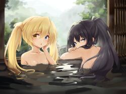 Rule 34 | 2girls, back, bathing, black hair, blonde hair, blue eyes, blurry, blurry background, breasts, chestnut mouth, collarbone, commentary request, completely nude, crossed arms, day, eyelashes, eyes visible through hair, floating hair, forest, hair between eyes, hair intakes, hair over shoulder, half-closed eyes, hand on own cheek, hand on own face, hand up, heterochromia, jitome, konohana lucia, large breasts, light blush, long hair, looking at viewer, looking back, looking to the side, multiple girls, nakatsu shizuru, nature, nude, onsen, open mouth, outdoors, partially submerged, ponytail, relaxing, rewrite, sideboob, sidelocks, small breasts, steam, tagame (tagamecat), twintails, upper body, very long hair, wet, yellow eyes