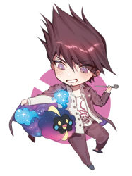 Rule 34 | 1boy, :d, alternate color, black footwear, blush, chibi, collared shirt, cosmog, creatures (company), crossover, danganronpa (series), danganronpa v3: killing harmony, dress shirt, floating, full body, game freak, gen 7 pokemon, grin, holding, jacket, legendary pokemon, long sleeves, male focus, momota kaito, nintendo, open clothes, open jacket, open mouth, outstretched arm, pants, pokemon, pokemon (creature), purple eyes, purple hair, purple jacket, purple pants, shirt, slippers, smile, sparkle, spiked hair, t-shirt, teeth, two-tone background, unbuttoned, unbuttoned shirt, v-shaped eyebrows, white shirt, wing collar, yellow eyes, zuizi
