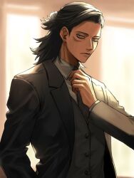 Rule 34 | 1boy, adjusting clothes, adjusting necktie, black hair, black jacket, black necktie, black vest, blurry, blurry background, boku no hero academia, closed mouth, collared shirt, eraser head (boku no hero academia), facial scar, formal, highres, jacket, long sleeves, looking at viewer, male focus, necktie, rnuyvm, scar, scar on cheek, scar on face, shirt, solo, upper body, vest, white shirt