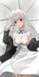 Rule 34 | 1girl, bare shoulders, black jacket, breasts, cleavage, closed mouth, commentary request, criss-cross halter, dress, eyebrows hidden by hair, grey hair, halterneck, hand up, highres, holding, holding umbrella, jacket, long hair, long sleeves, looking at viewer, medium breasts, off shoulder, open clothes, open jacket, original, red eyes, sleeves past wrists, smile, solo, torimahera, transparent, transparent umbrella, umbrella, very long hair, white dress