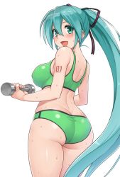 Rule 34 | 1girl, :d, ass, blush, bra, breasts, buruma, butt crack, commentary request, cowboy shot, dumbbell, from behind, green bra, green eyes, green hair, hair between eyes, hair ribbon, hatsune miku, high ponytail, holding, hormone koijirou, huge ass, large breasts, long hair, looking at viewer, looking back, open mouth, ribbon, shirt, sideboob, simple background, smile, solo, sports bra, sweat, thick thighs, thighs, underwear, very long hair, vocaloid, white background, wide hips